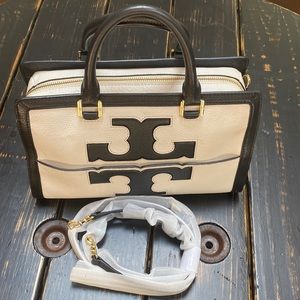 Tory Burch Jessica Shrunken Leather Satchel Bag in Black/New Ivory.
